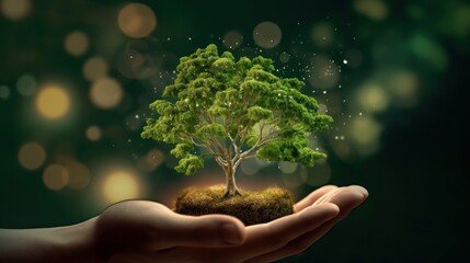 Fototapeta na wymiar Symbolic green tree in human hands on blurred background. Respect for nature, sustainable energy, care for the environment, ecological development. Earth Day concept. 3D rendering.