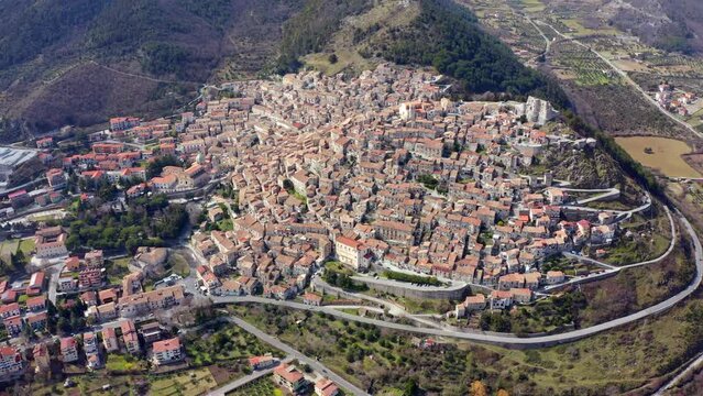 4k drone flight moving to the side footage (Ultra High Definition) of Morano Calabro town. Picturesque summer scene of Italy, Europe. Amazing world of mediterranean countries.