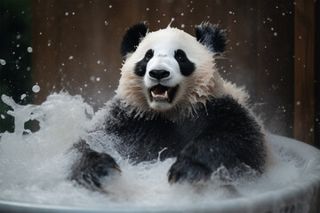 a panda taking a bubble bath