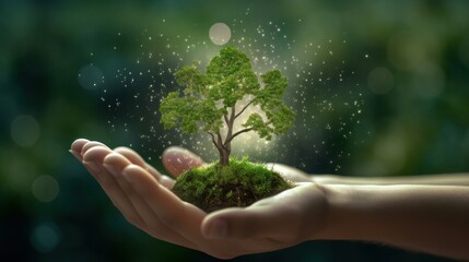 Fototapeta na wymiar Symbolic green tree in a human hand on blurred background. Respect for nature, sustainable energy, care for the environment, ecological development. Earth Day concept. 3D rendering.