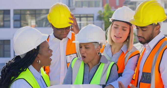 Meeting, frustrated or architects on construction site with problem conflict, crisis or stress with blueprint. Angry, builders or upset team manager in serious discussion for mistake, risk or warning