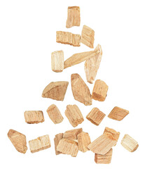 Wooden chips of pine tree isolated on a white background, top view. Shape of pine tree. Wood smoking chips.