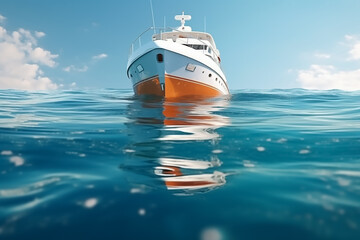 Orange and white  yacht in the blue tropical sea. Generative AI