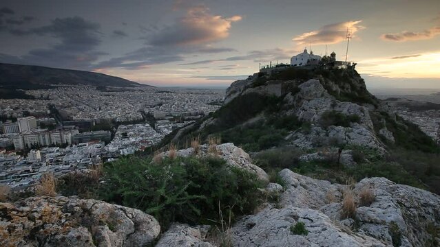 Unedited clip. Morning  view of Athens from one of the summits of Lycabettus hill, Greece. 