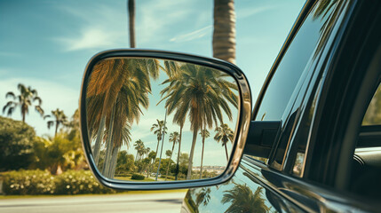 a car side mirror with palm trees in the background