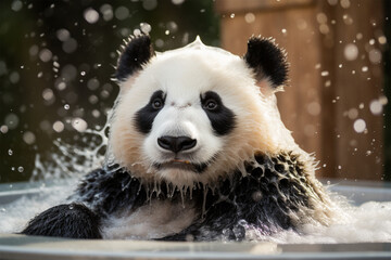 a panda taking a bubble bath