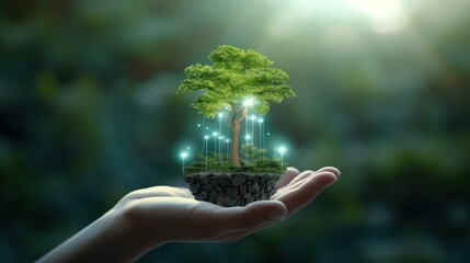 Symbolic green tree in a human hand on blurred background. Respect for nature, sustainable energy, care for the environment, ecological development. Earth Day concept. 3D rendering.