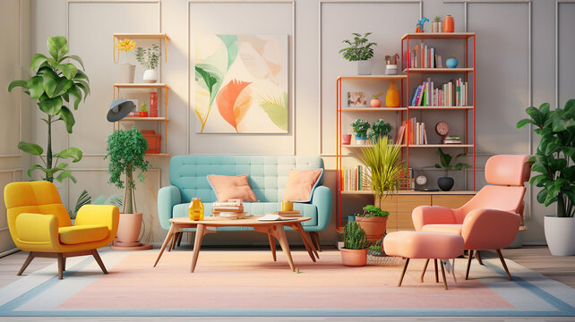 A room filled with an assortment of colorful furniture and vibrant plant life