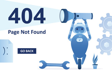 404 error, page not found landing page template. Robot holding wrench. No connection, chatbot talking about error. Website under construction. Repairing broken mechanism.