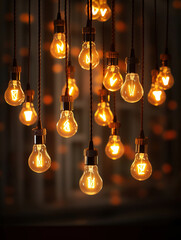 a display with many light bulbs hanging from a window