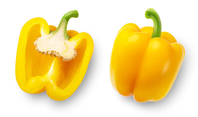 Yellow pepper isolated. Whole pepper and half bell pepper on transparent background, top view.