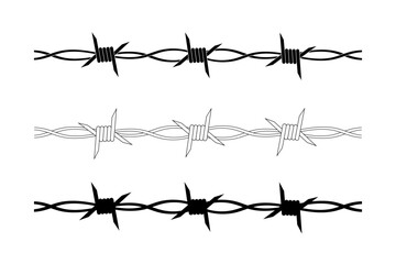 Barbed wire set. Isolated steel barbed wire on white background. Rows of sharp rusty barbwire. Monochromatic design.