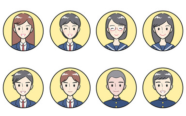 制服を着た中学生・高校生の男女　ポジティブな表情　丸いアイコンセット　イエロー