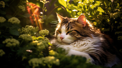 Obraz premium A contented feline basks in the tranquility of a green plant sanctuary