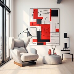 Red wingback chair and white sofa in bright room interior design of modern living room with abstract geometric shapes generative ai