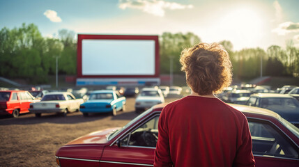 1990s-Inspired Styling with a Classic Car in the Background, Enjoying a Movie at the Drive-In Theater