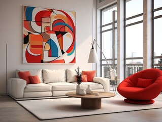 Red wingback chair and white sofa in bright room interior design of modern living room with abstract geometric shapes generative ai