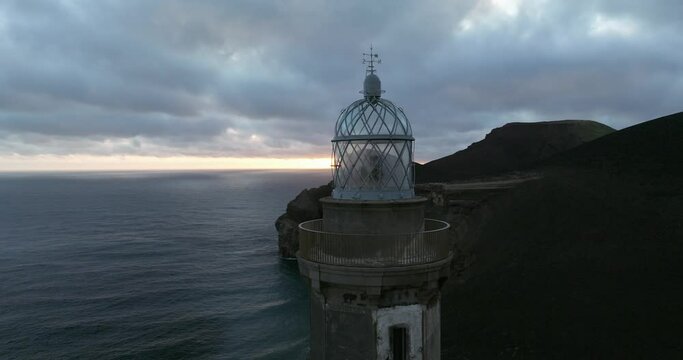 aerial shot of Capelinhos volcano lighthouse in Faial Azores