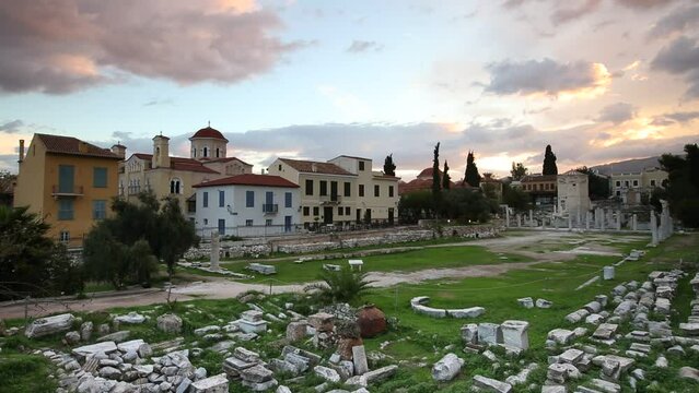 Remains of Roman Agora in the old town of Athens, Greece. 
