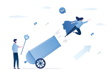 Confident business people use cannon for overcoming obstacles. Risk management. Businesswoman looking like super hero quickly fast flies to success and profit. Boost skills improvement