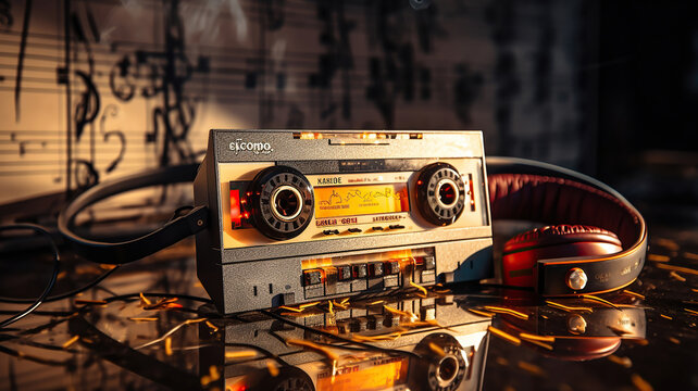 Vintage cassette tape accompanied by a classic walkman and a pair of headphones
