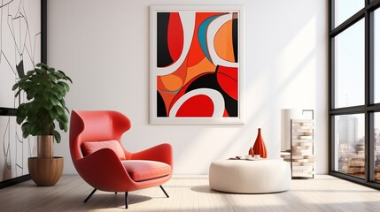 Red wingback chair and white sofa in bright room interior design of modern living room with abstract geometric shapes generative ai
