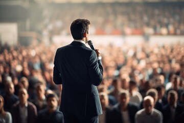 Back view of motivational speaker standing on stage in front of audience for motivation speech on conference or business event.