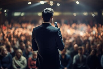 Back view of motivational speaker standing on stage in front of audience for motivation speech on conference or business event. - obrazy, fototapety, plakaty