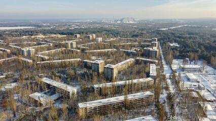 Aerial view of abandoned city Pripyat in Chernobyl exclusion zone.