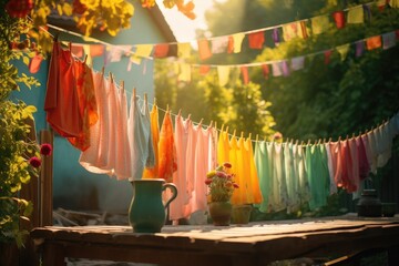 After being washed, childrens colorful clothing dries on a clothesline in the yard outside in the sunlight. protection against colored cloth fading. Organic baby detergents and washing.