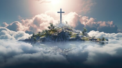 Holy cross symbolizing the death and resurrection of Jesus Christ with the sky over Golgotha Hill is shrouded in light and clouds. Apocalypse concept. - obrazy, fototapety, plakaty