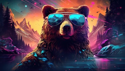 Friendly and charismatic bear character, animal influencer, animals banner. 
