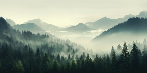 Obraz premium Photo realistic illustration of mountains forest fog morning mystic.