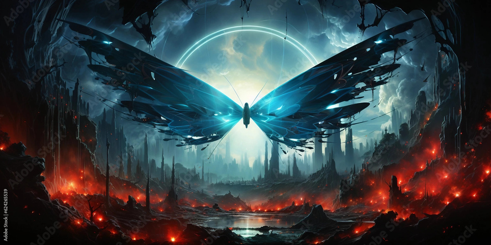 Canvas Prints a fantasy backdrop of a butterfly with its wings spread over an alien world generative ai