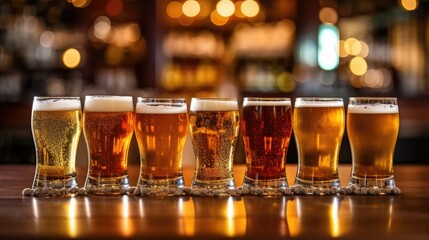 A lot of glasses of chilled different sort of beer on table and blurred bar background.