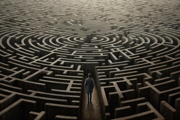 Man silhouette in maze or labyrinth. Finding solution and self concept.