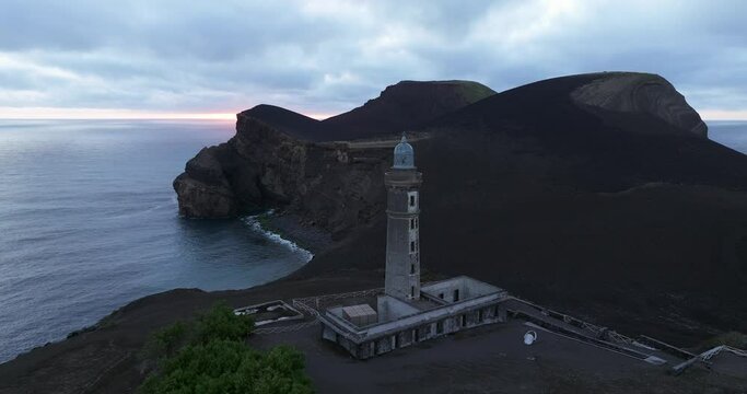 aerial shot of Capelinhos volcano lighthouse in Faial Azores