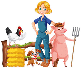 Farm girl cartoon with farm animal