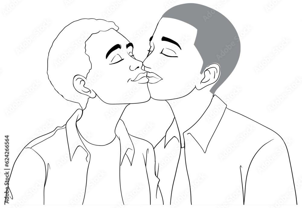 Wall mural Gay couple cartoon kissing outline doodle