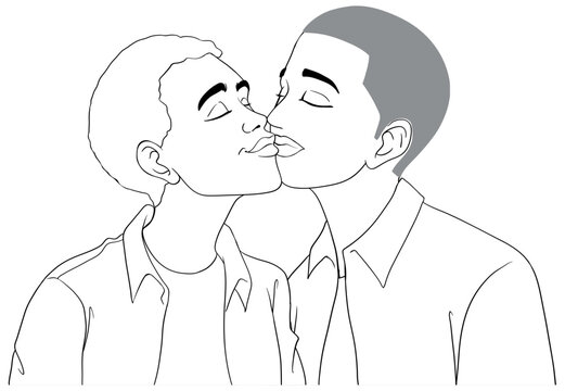 Gay couple cartoon kissing outline doodle