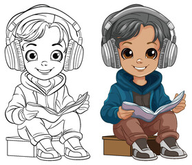 Boy reading a book and wearing headset