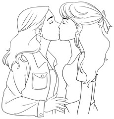 Lesbian couple cartoon kissing outline doodle
