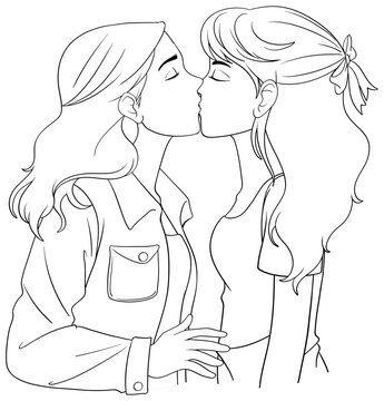 Lesbian couple cartoon kissing outline doodle