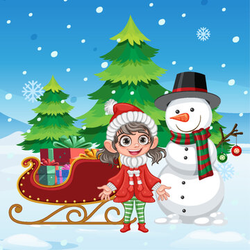 Happy girl with snowman winter background