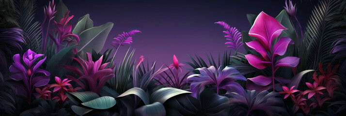 Obraz premium Tropical plants banner on purple background. Jungle tropic plant leaf and flower variety, violet and green colors.