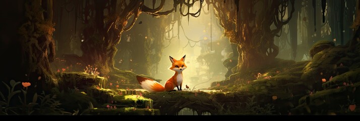 Cute fox in the autumn forest. Beautiful watercolor painting. Kids baby and children illustration book art style. Generative AI