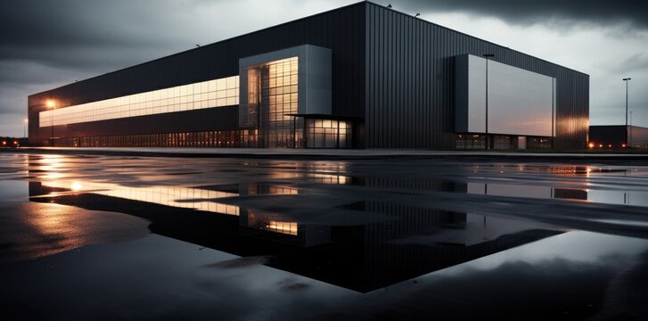 Realistic render of logistic business transport warehouse dock station. Factory and transport house. Commercial office building.