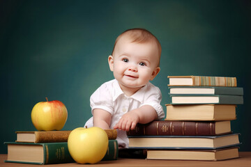 Cute baby smiling with books in back to school setting