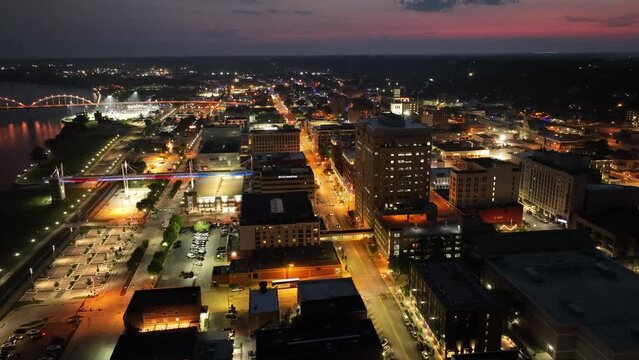 Davenport, Iowa skyline at night with drone video hyperlapse.