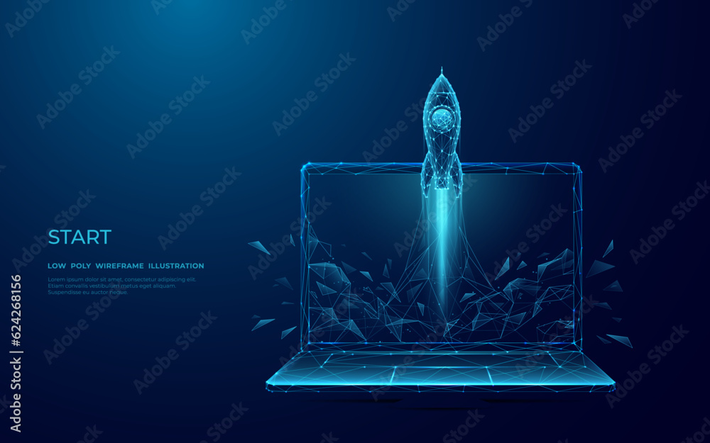 Aufkleber Abstract Rocket Takes off From the Laptop Screen. Spaceship Launch with Smoke. Start Up and Boosting Concept. Low Poly Wireframe Vector Illustration on Technological Blue Background. 3D Effect.